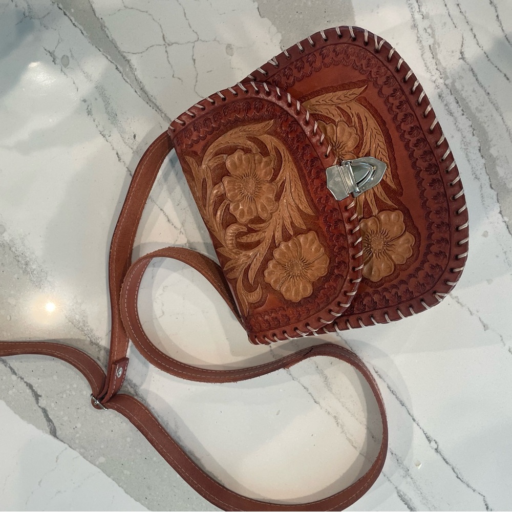 Handcrafted Brown Leather Floral Bag